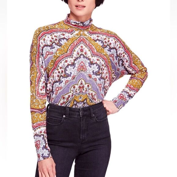 Free People Top Womens Size Small Chase Me Knit Blouse paisley Mock Neck light - Picture 1 of 11